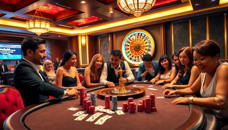Hello88 casino scene showcasing excitement around a gambling table with cards and poker chips.