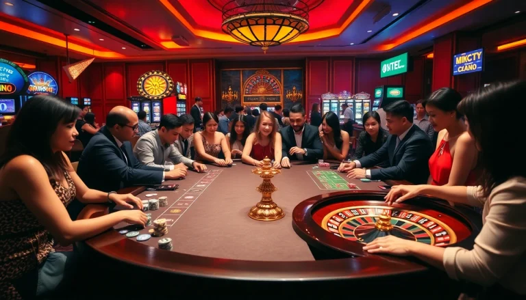 Players enjoying strategic games at https://king888.black/ casino with vibrant slot machines and elegant tables.