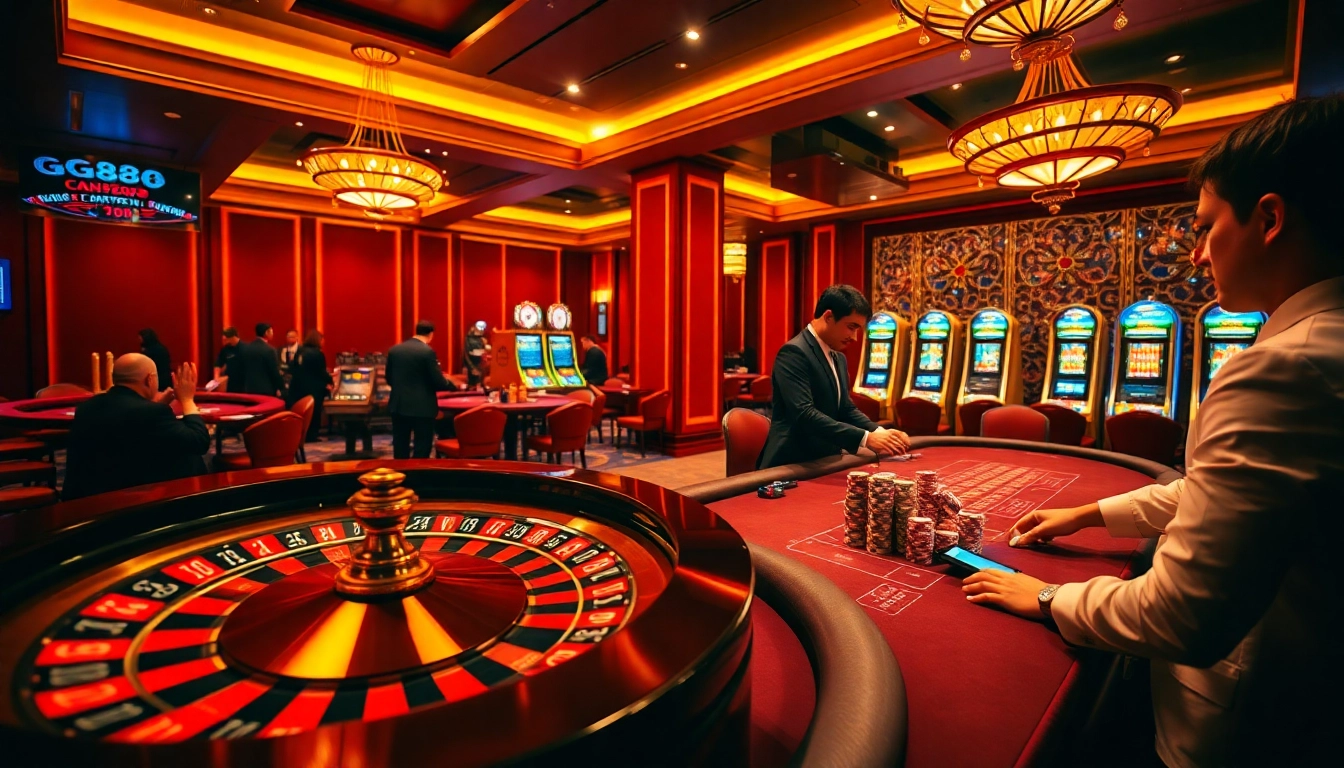 Players betting at GG88 casino table with vibrant chips and roulette wheel.