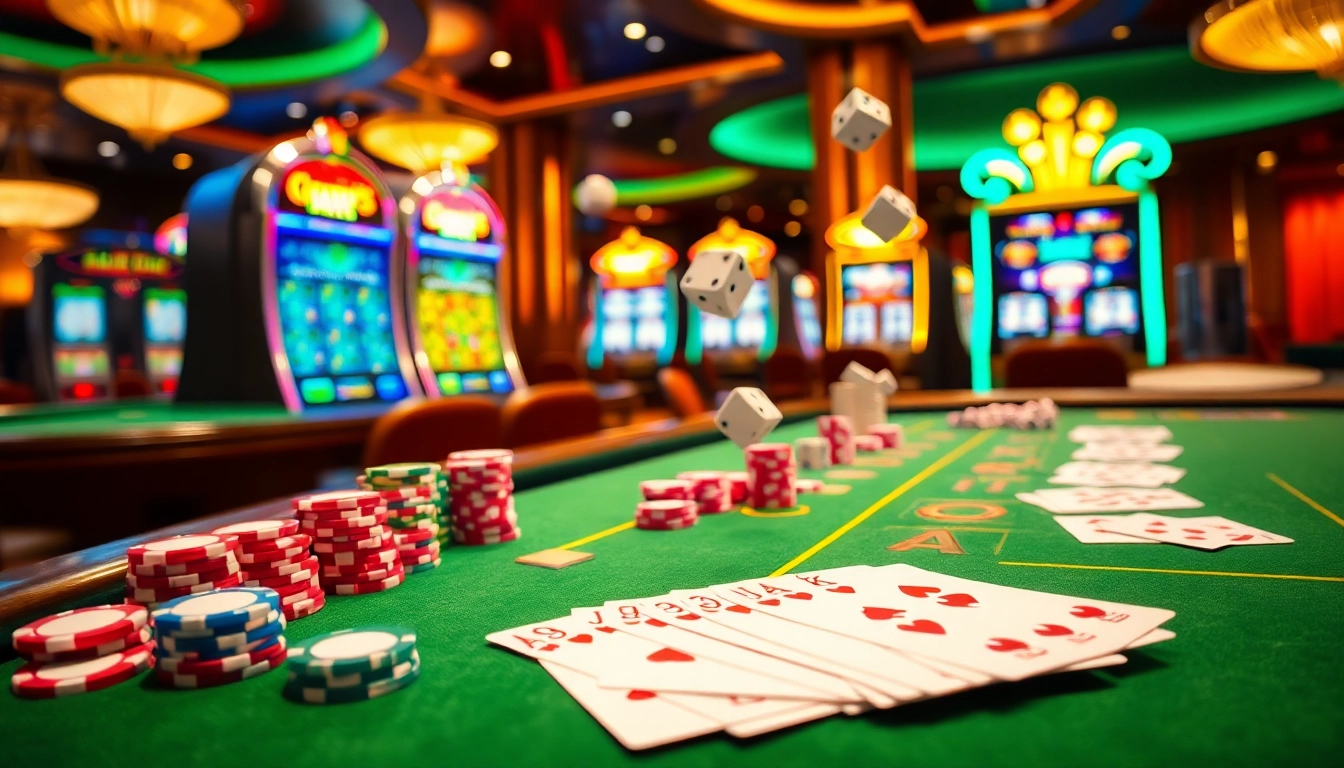 Engaging casino scene featuring QQ88z Net with vibrant poker chips, shining slot machines, and stylish playing cards.