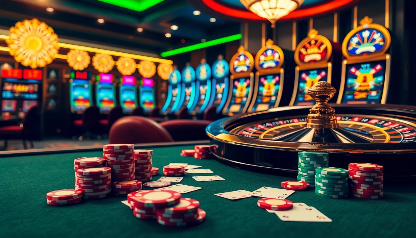 Engage with the excitement of casino gaming through link 98win, featuring vibrant tables, chips, and cards.