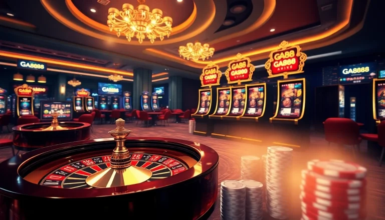 Experience gaming excitement with Ga888's dynamic online casino interface, featuring roulette and slot machines.