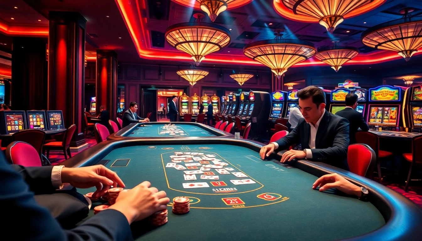 TOPVIP casino experience showcasing exciting tables, vibrant slot machines, and elegant players in action.
