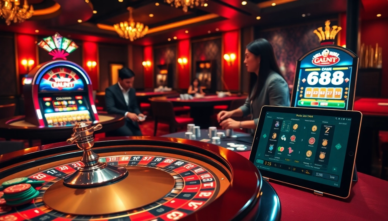 Experience the thrill of gaming with TG88 COM at an upscale casino, featuring roulette and slot machines.