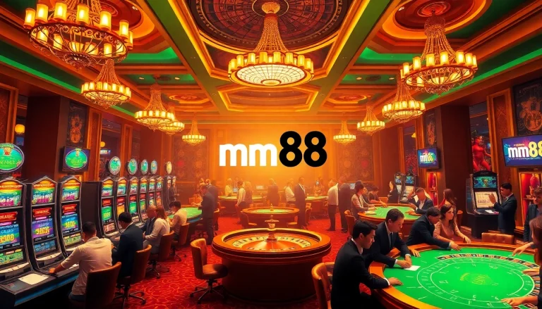 mm88 casino scene showcasing players at a bustling gaming floor with excitement and luxury.