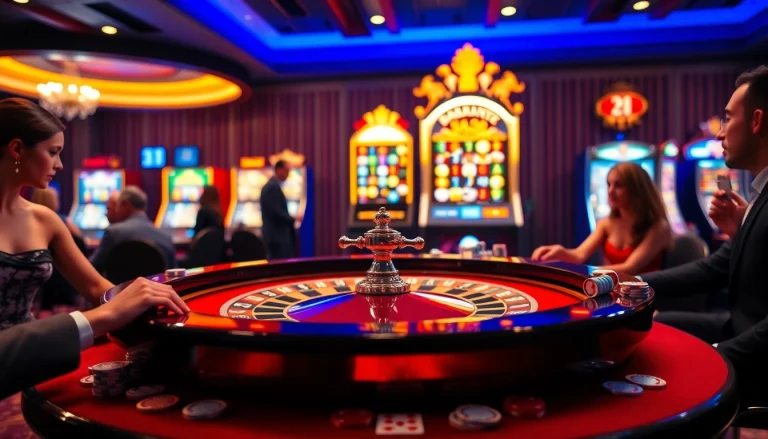 Experience the thrill of winning at MM88 TODAY in a luxurious casino setting with vibrant roulette and slot machines.