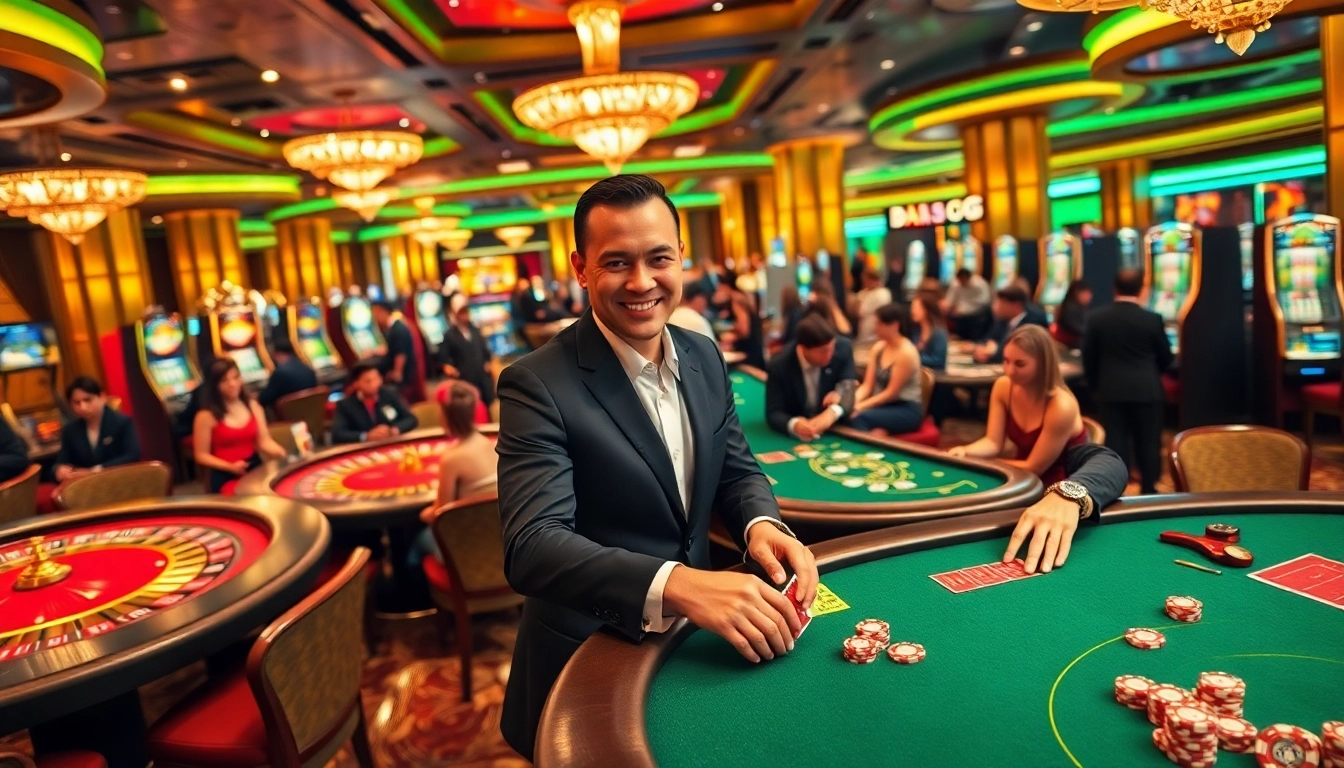 Experience the vibrant luxury of casino C168 with excited players at roulette and blackjack tables.