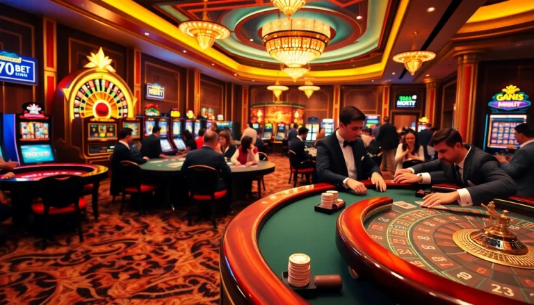 Players enjoy their cards and chips at a table in a luxurious casino atmosphere of https://120bett.com.br/.