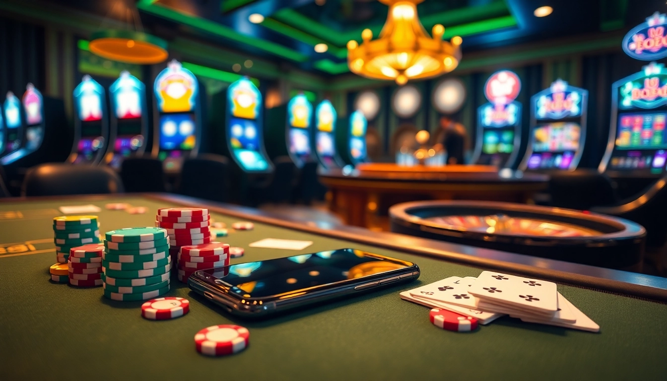 S8 smartphone beside vibrant casino elements like poker chips and dice in an exciting atmosphere