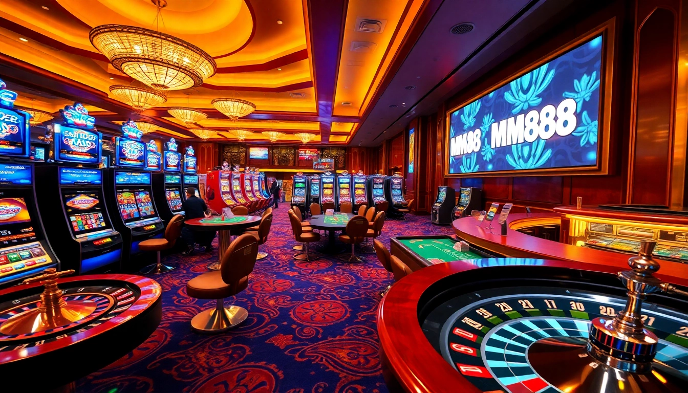 Experience thrilling gaming action at MM88, with vibrant slot machines and intense poker tables.
