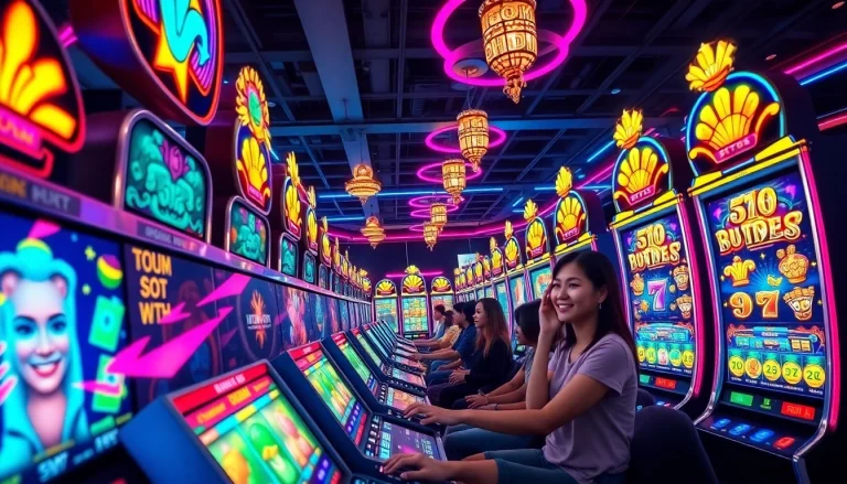 HOKI138 vibrant online slot gaming scene with engaging players and dynamic lighting.