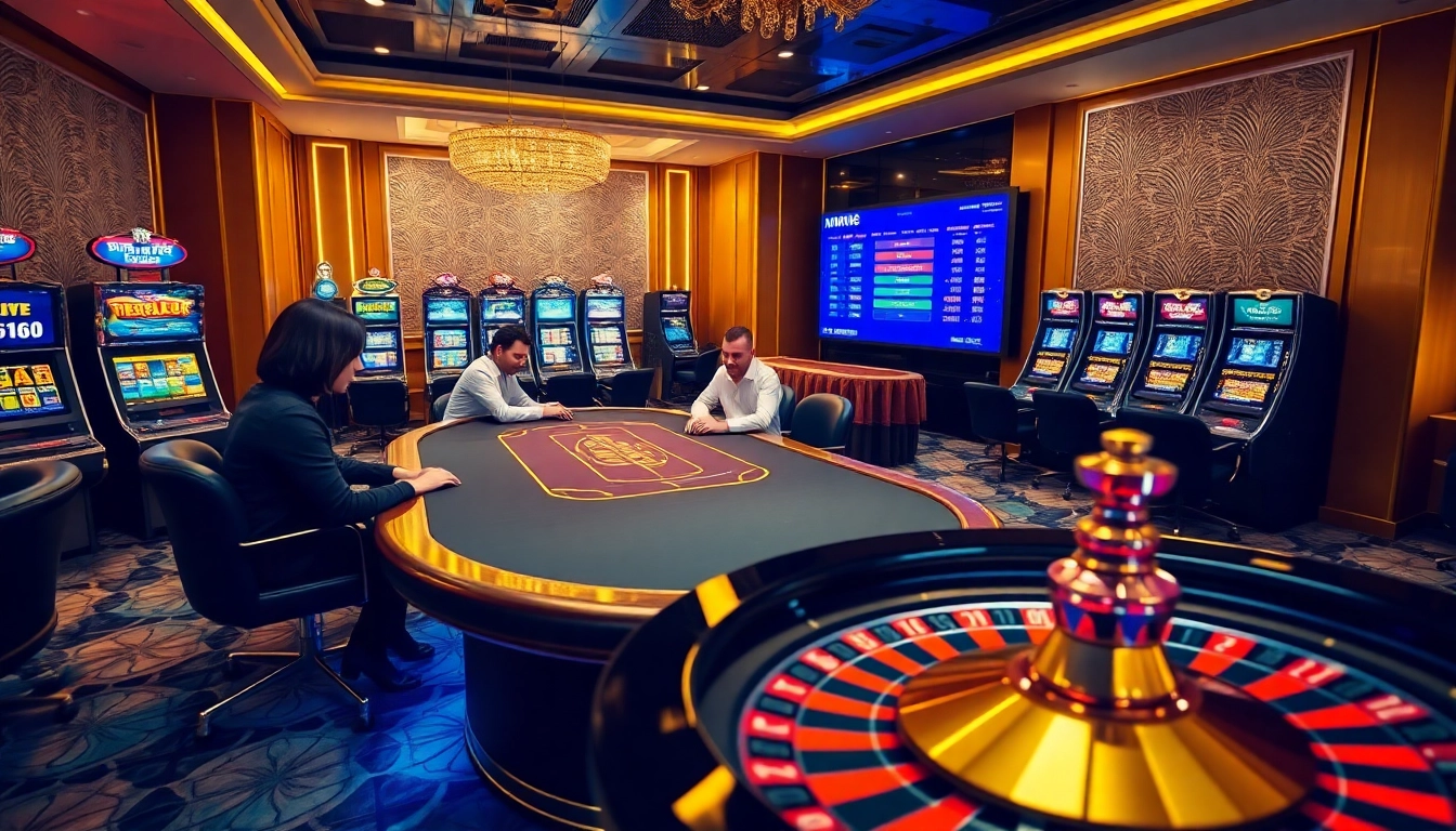 Experience the vibrant excitement of NHÀ CÁI MM88 with players at a poker table in a luxurious casino setting.