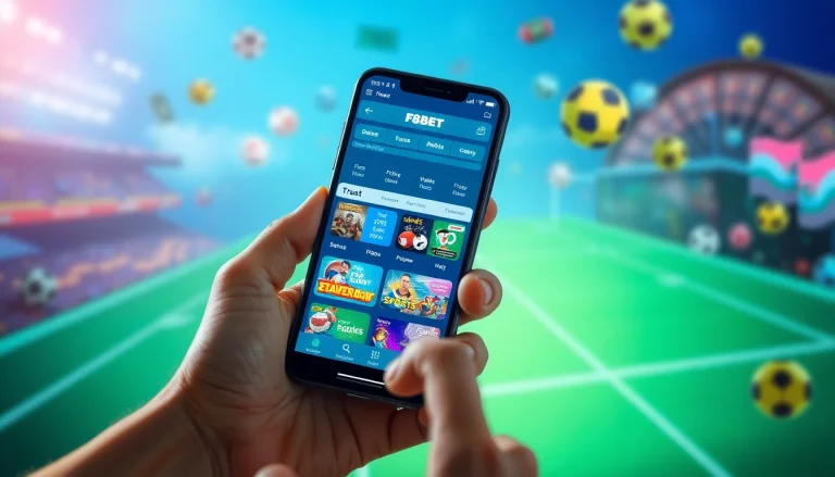 A user engaging with the F8BET app on a smartphone, showcasing digital betting options and dynamic gaming elements.