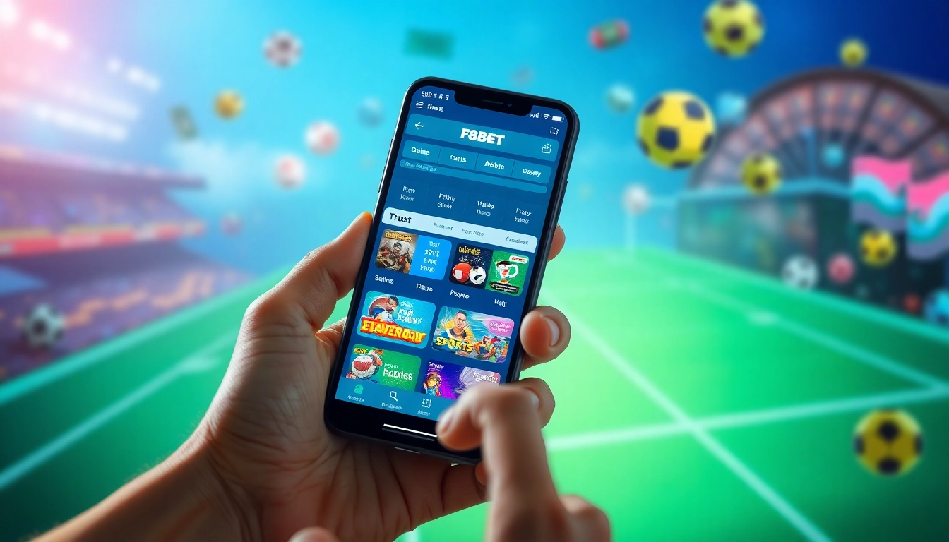 A user engaging with the F8BET app on a smartphone, showcasing digital betting options and dynamic gaming elements.