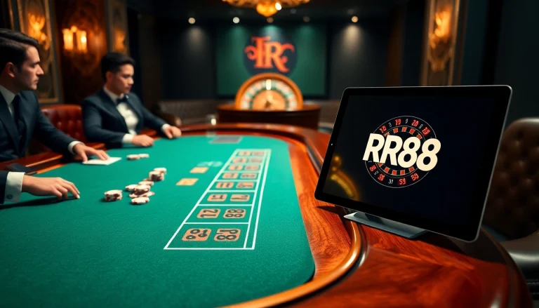 Players enjoying a thrilling blackjack game at RR88 casino, showcasing luxury and excitement.