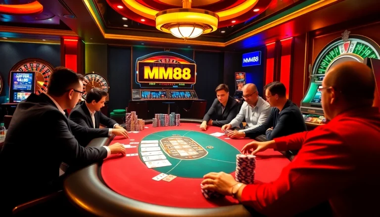 Experience the thrill of MM88 gaming at a luxurious poker table and slot machines.
