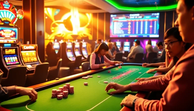 Players enjoying excitement at https://mm88.sa.com/ casino game tables with vibrant poker chips.