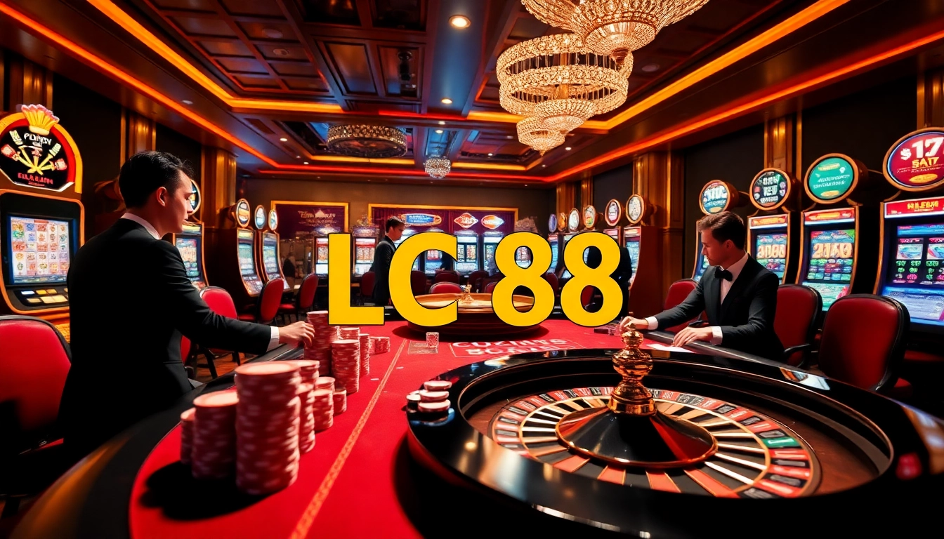 Engaging scene of elegant players at the LC 88 online casino table with vibrant slot machines in the background.