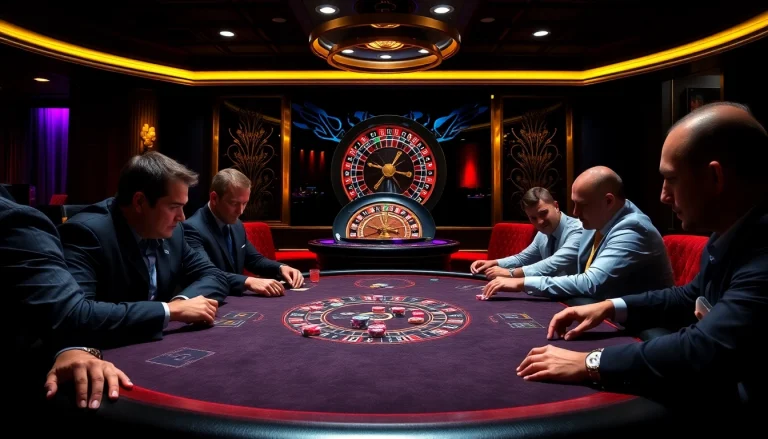 Intense poker game at GA888 casino, showcasing vibrant chips and elegant casino ambiance.