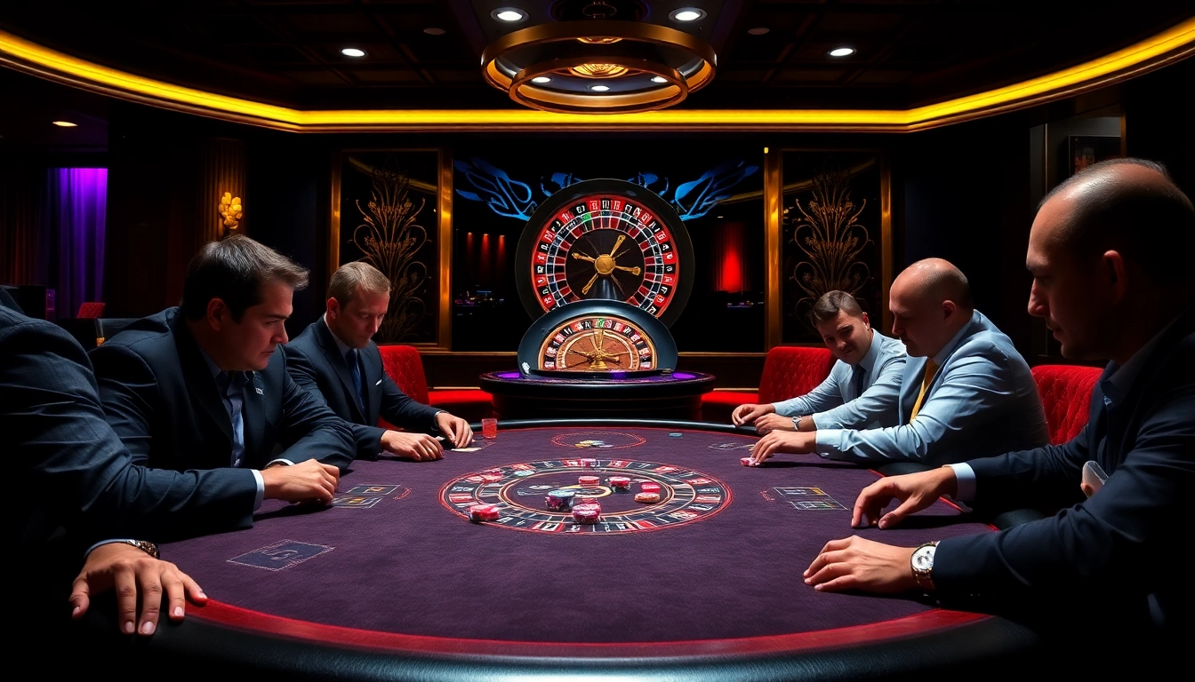 Intense poker game at GA888 casino, showcasing vibrant chips and elegant casino ambiance.