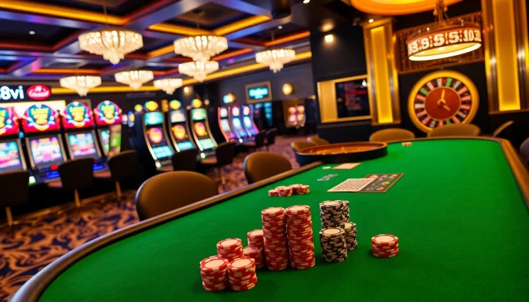 Experience thrilling gaming excitement at 888VI with vibrant casino tables and slot machines.