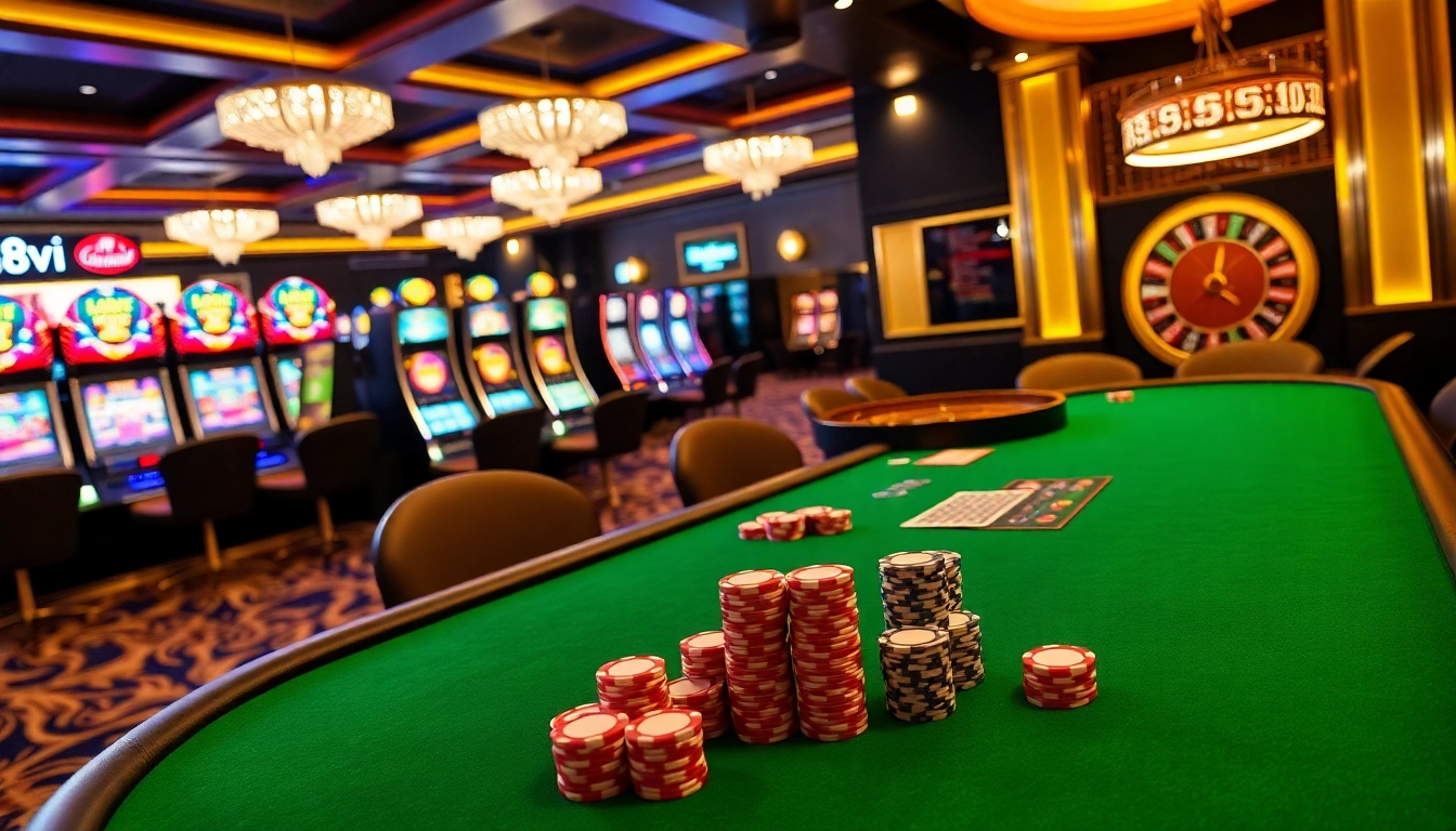 Experience thrilling gaming excitement at 888VI with vibrant casino tables and slot machines.