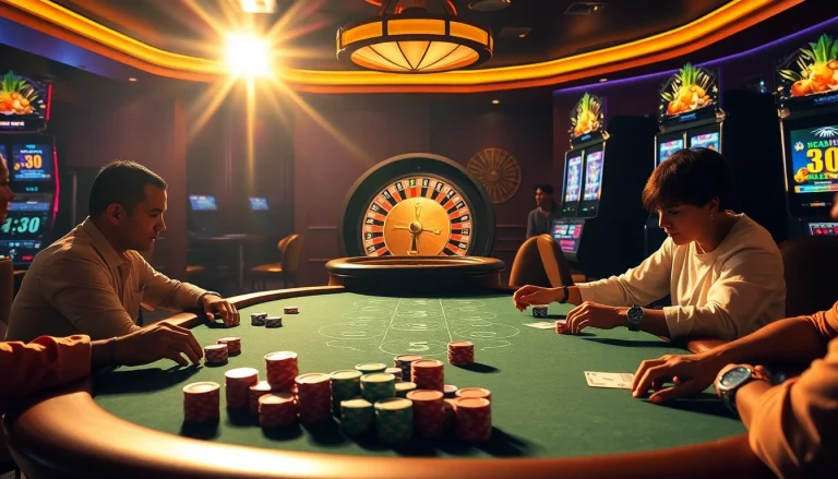 NoHu-themed casino scene illustrating players at a vibrant poker table with bright chips and roulette.
