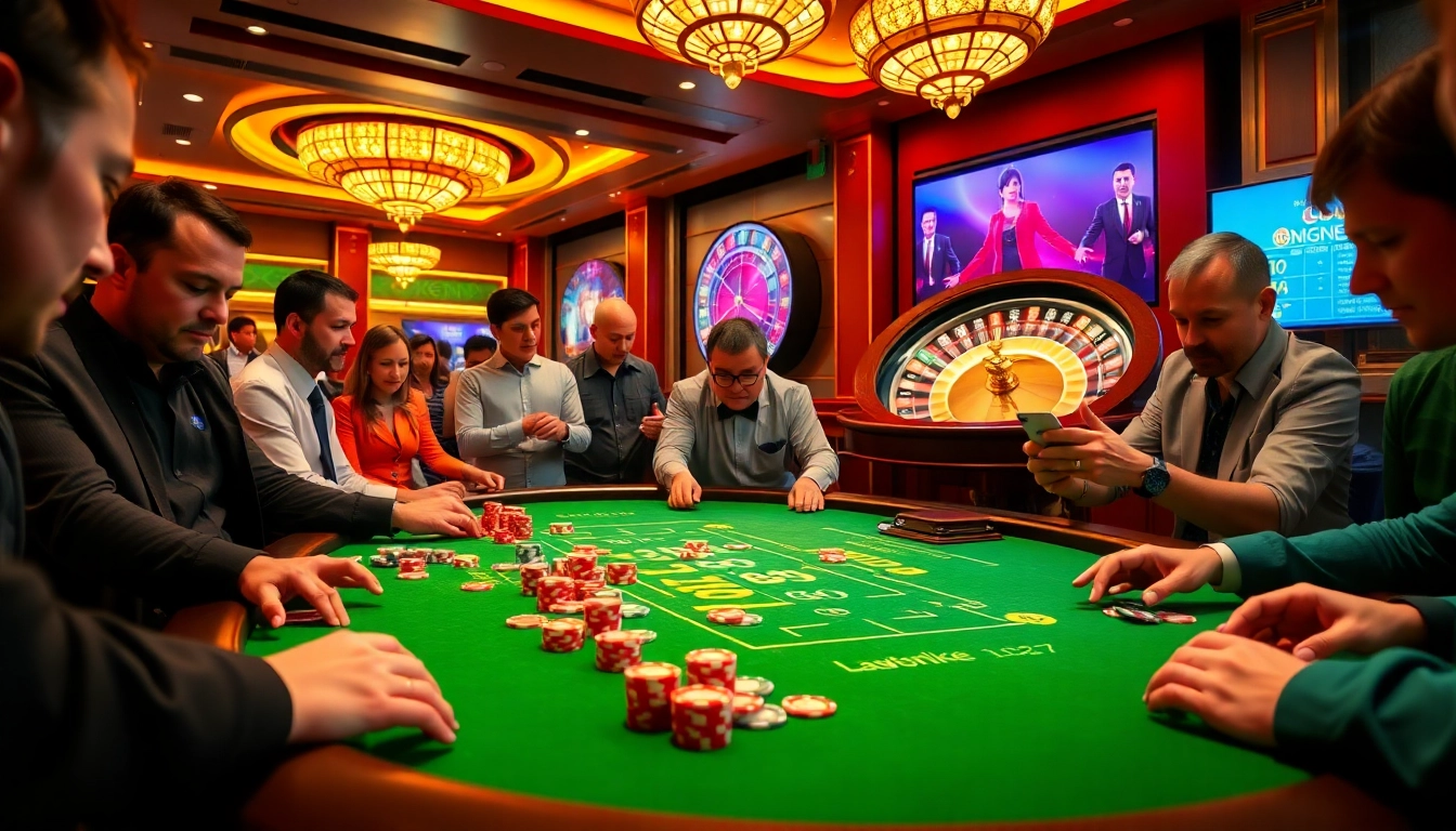 Players enjoying an exciting game at the LC88 casino table, filled with vibrant poker chips.