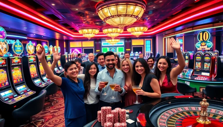 Players enjoy an exciting gaming experience at https://ih7777.com.br/ with vibrant slot machines and poker tables.