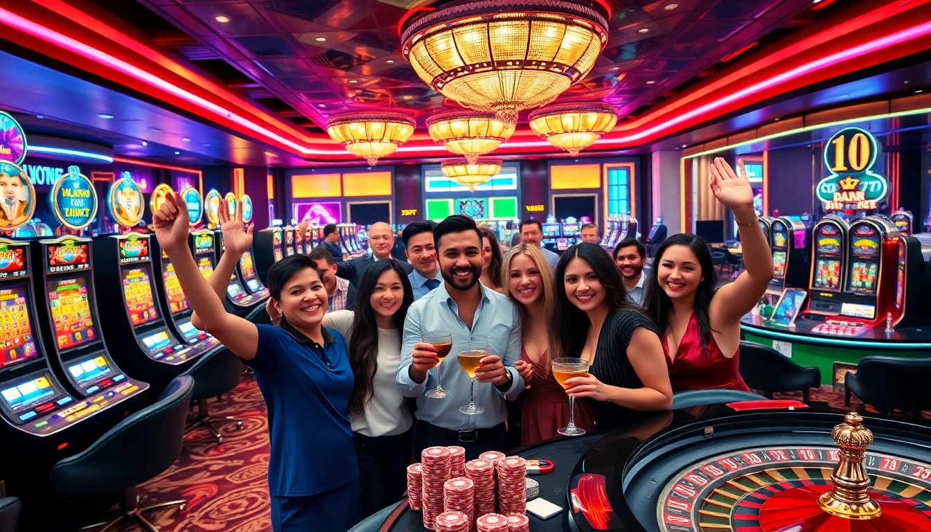 Players enjoy an exciting gaming experience at https://ih7777.com.br/ with vibrant slot machines and poker tables.