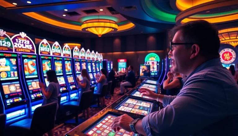 Excited gamblers enjoying vibrant slot machines at a top 슬롯사이트.