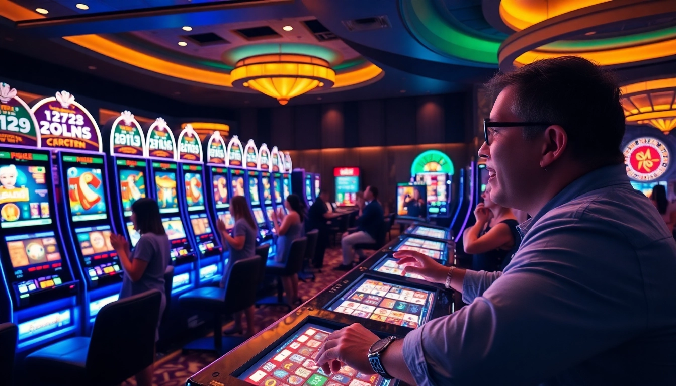 Excited gamblers enjoying vibrant slot machines at a top 슬롯사이트.