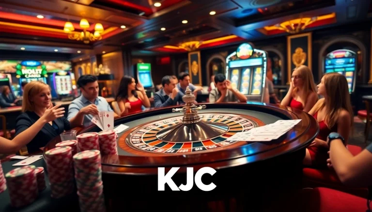 KJC players celebrating a winning moment at a luxurious casino roulette table.