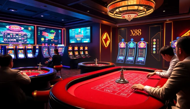 Engage in thrilling gameplay at XX88 Casino featuring vibrant tables and exciting slot machines.