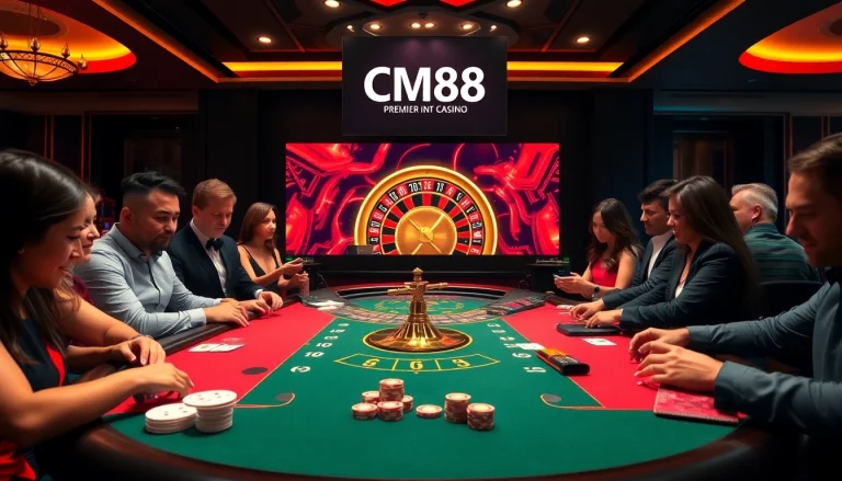 Engaging poker game at CM88 casino, highlighting luxury and excitement.
