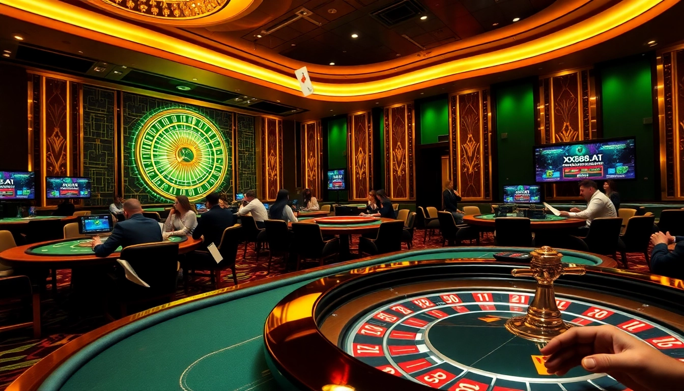 Gambling excitement on XX88.AI with players at poker tables in a luxurious casino scene.