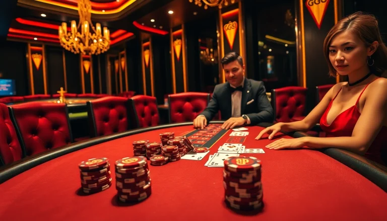 Experience high-stakes excitement at GG88 with vibrant casino tables and luxury poker chips.