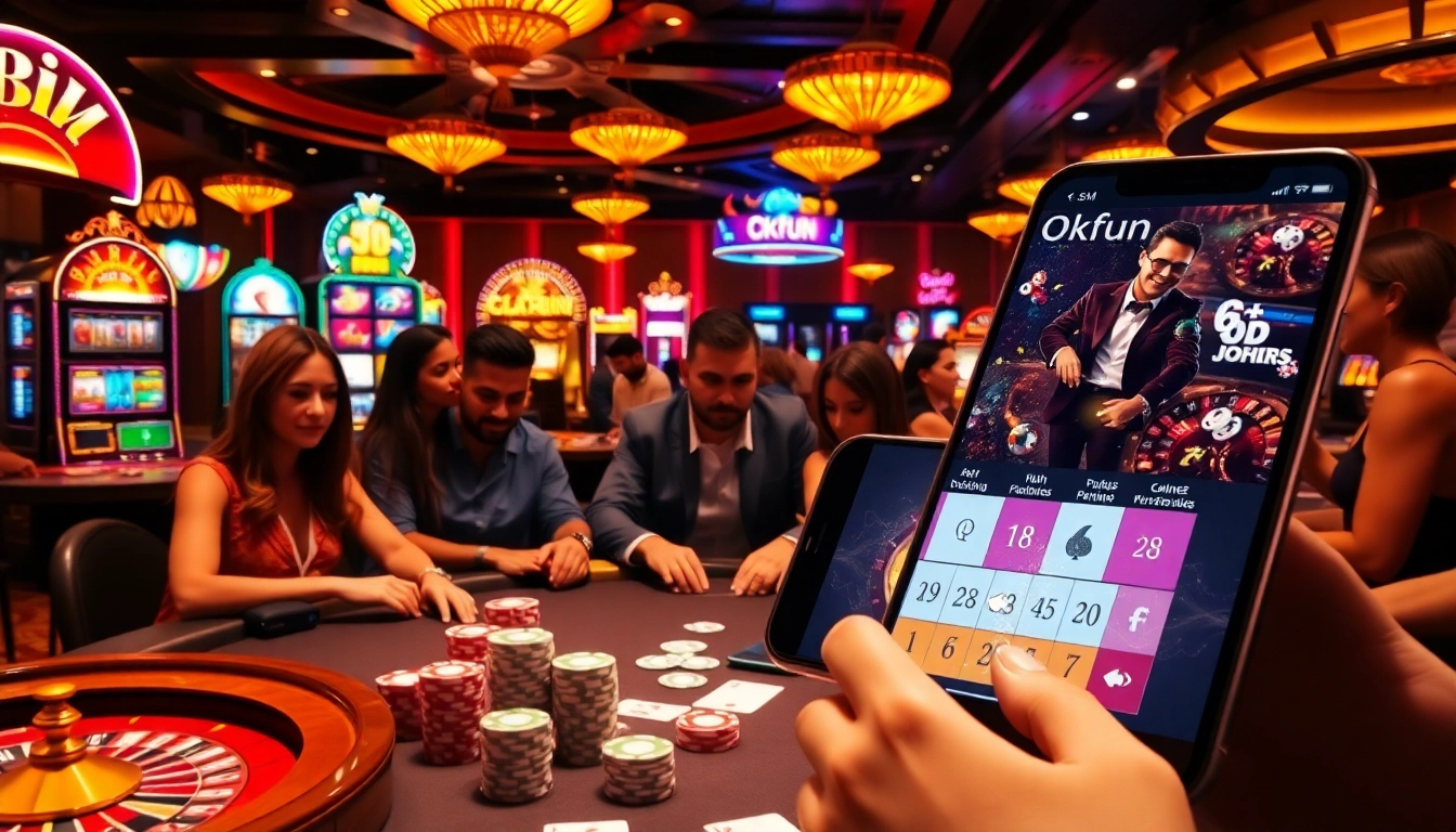 Okfun gamblers enjoying a luxurious casino experience with poker and slot machines.