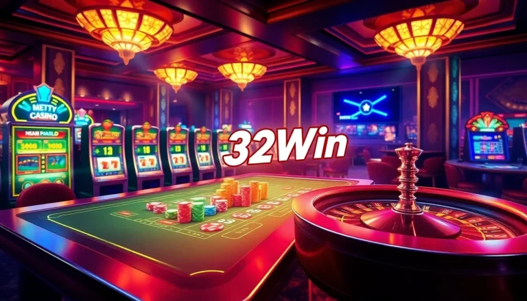 Engage with the thrilling atmosphere of Trang chủ 32Win featuring vibrant casino elements like poker chips and slot machines.