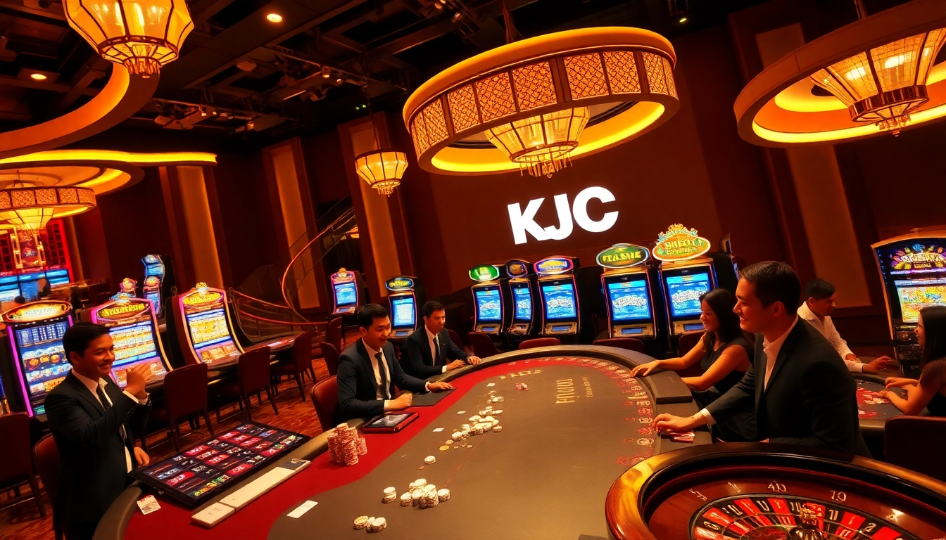 KJC gamblers excitedly placing bets at elegantly designed casino tables, enjoying a luxurious gaming experience.