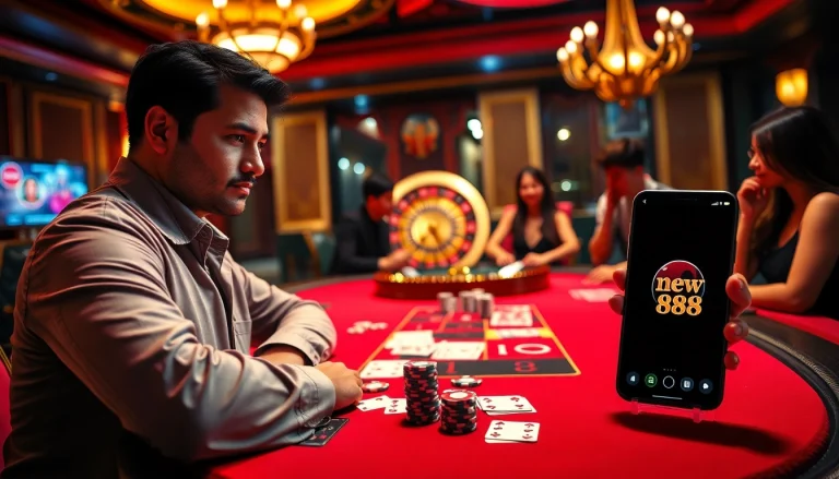 Bid on new88 games at a vibrant casino table with cards and chips.
