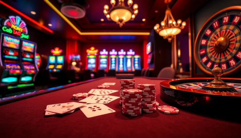 Casino scene with C168 poker table, colorful chips, and vibrant slot machines.
