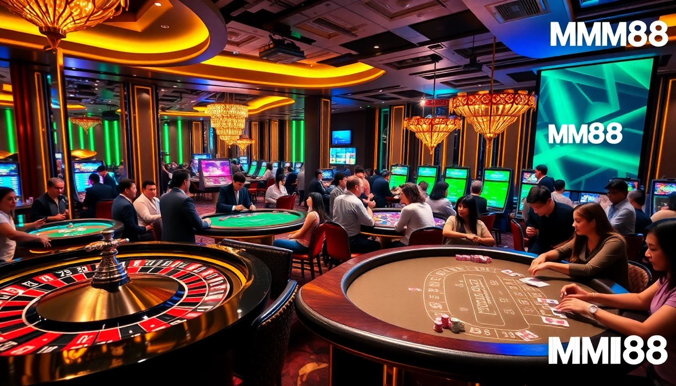 Excited players engaging in high-stakes gameplay at MM88 casino tables, showcasing luxury and excitement.