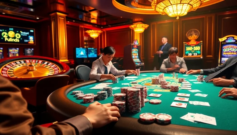 Experience the excitement of a casino scene at jun888 with poker players, chips, and roulette action.