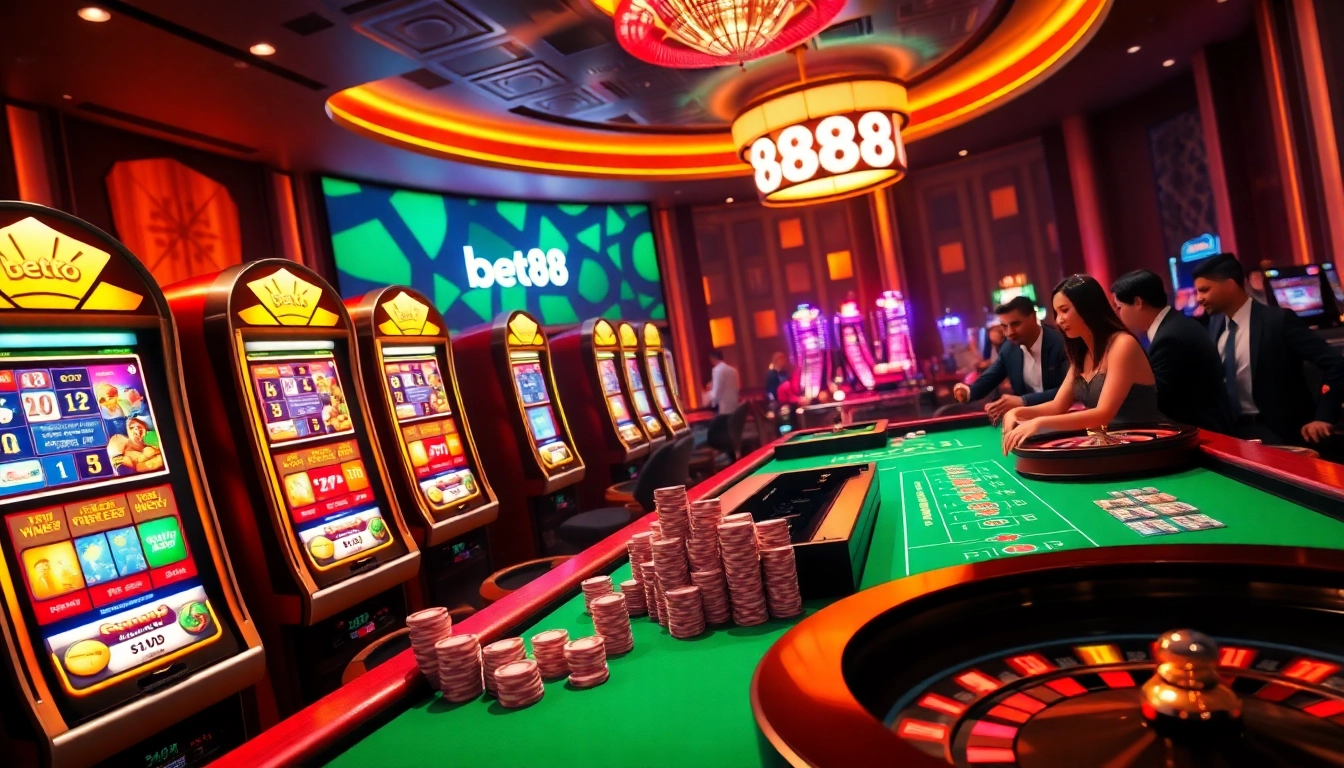 Bet88 players enjoying games at a vibrant luxury casino table, capturing gambling excitement.