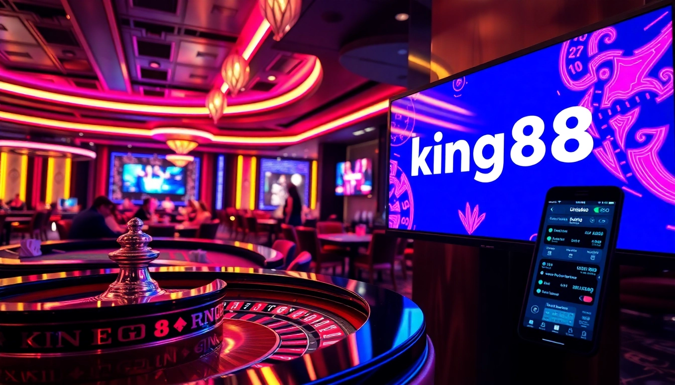 king88 tặng đăng nhập king88 on display in a vibrant casino setting with excited players at the roulette table.