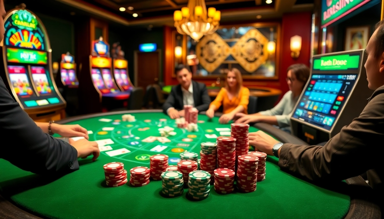Engaged players at a poker table showcase the excitement of gambling at https://bl555.black with colorful chips and cards.