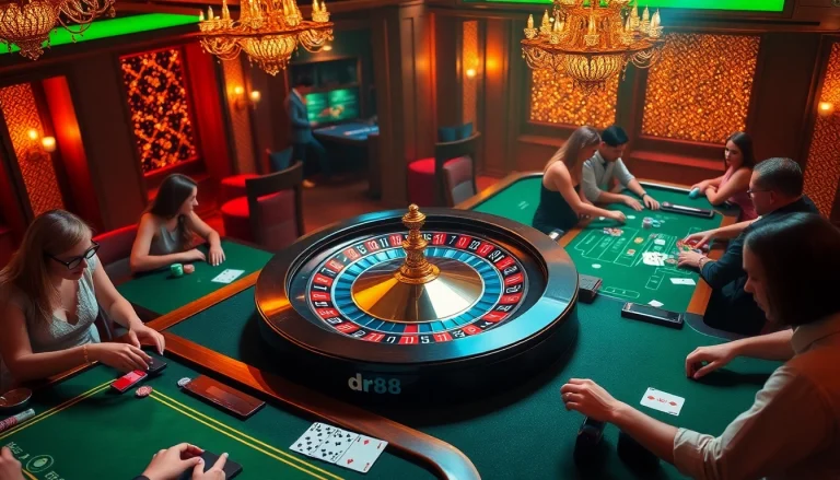 Players enjoying high-stakes games at dr88 casino, with roulette and poker in a luxurious setting.