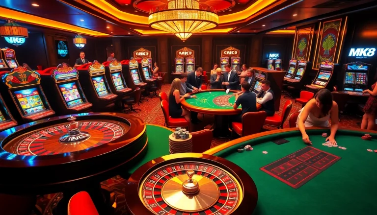 Players enjoying the exciting ambiance of MK8 casino with vibrant roulette and slot machines.