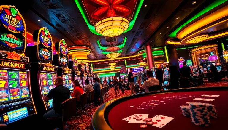 Experience thrilling jackpot sweeps action with vibrant slot machines and enthusiastic players.